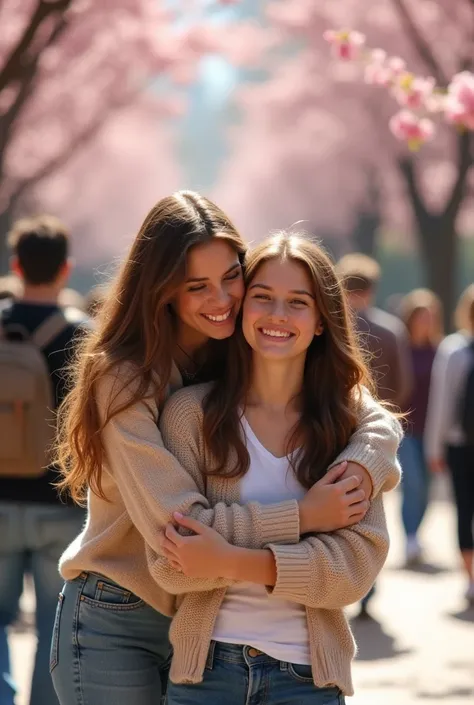 A female university student hugging a female high school student from behind