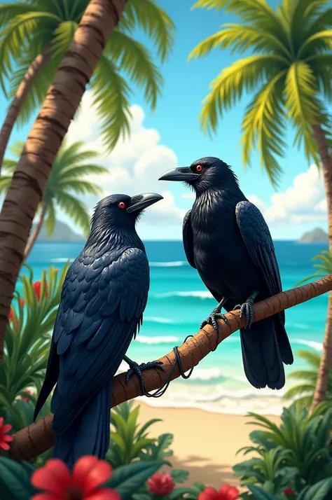 Two raven haging up in a palm doing a podcast