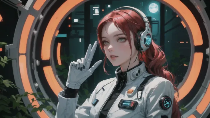 There is a woman in a spacesuit with headphones., garota cyberpunk sonhadora, on cyberpunk style, hiper-realistic cyberpunk style, portrait beautiful science fiction girl, beautiful woman in spacesuit, cyberpunk female redhead, portrait anime space cadet g...