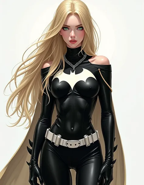 1 girl in, 20 years, standing alone, long hair, Colossal , looking forward at the viewer, blonde hair, blonde hair, bare shoulders, green eyes, Jewelry, whole body, NECKLACE, off the shoulders, Sweaters, realistic, sexual, big tits,batgirl superheroes full...