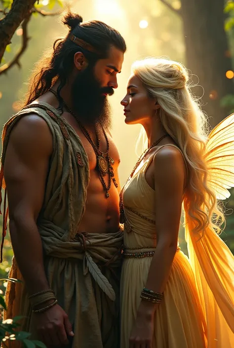 Sacred rebels, an extremely attractive couple. Dark bearded man, a shaman. Blonde fairie-like extremely beautiful woman.