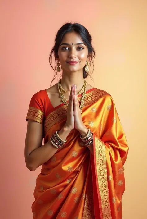 An image with an indian lady on the side doing namaste with an aesthetic plain background