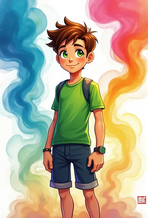 ben10 11 yars old, watercolor, colorfull, smoke, high definition,