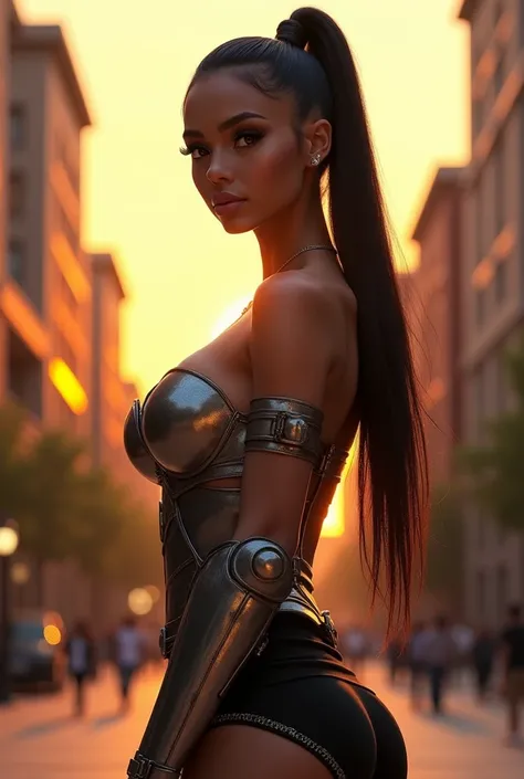 (photorealism:1.2), beautiful woman, young, 18 years old, tall, slender, college freshman, looks like Brittany Renner, dark eye shadow, voluminous lips, black hair in ponytail, big breasts, wearing light armor, exposed cleavage