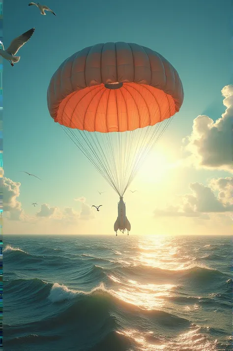 supper:* The capsule gently falling into the Atlantic Ocean, with open parachutes.
*texto:* "After successful reentry, the capsule lands gently in the Atlantic Ocean."
