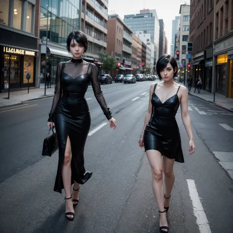 A young woman with black pixie cut hair wearing a black dress and heels walking through the city