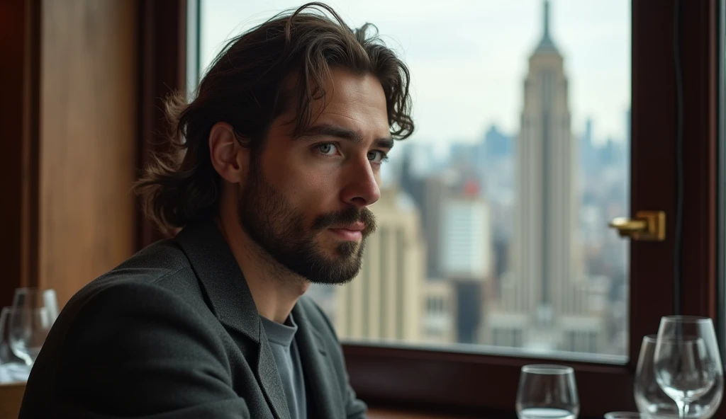 30 year old German man with (((brawny ))) photographed from the side AND A LITTLE FAR AWAY , he is relaxed in a 5 STAR RESTAURANT IN NEW YORK, this&#39;natta, HUGE WINDOW IN THE BACKGROUND AND BIG BUILDINGS , greeneyes. (long brown hair ), realistic and fa...