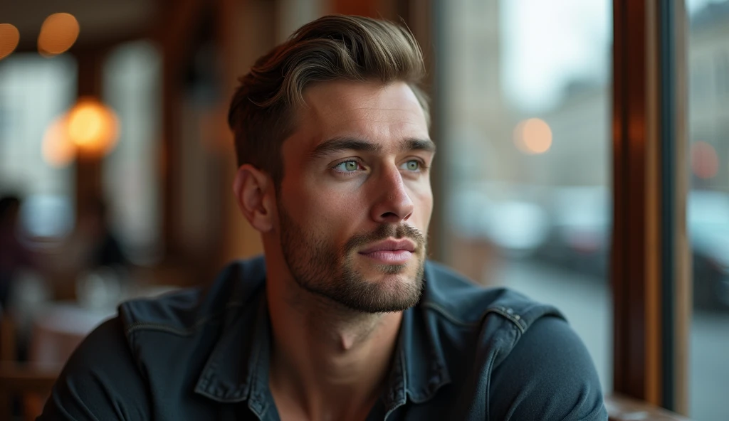 30 year old German man with (((brawny ))) photographed from the side AND A LITTLE FAR AWAY , he is relaxed in a 5 STAR RESTAURANT IN NEW YORK, this&#39;natta, HUGE WINDOW IN THE BACKGROUND AND BIG BUILDINGS , greeneyes. (long brown hair ), realistic and fa...