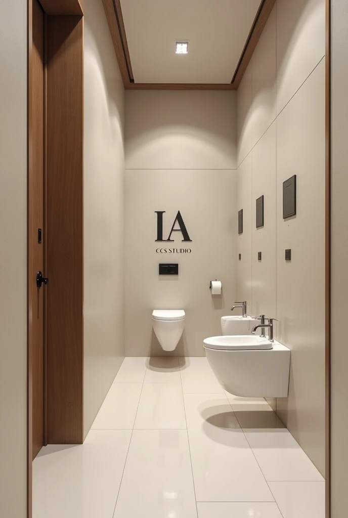 A stylishly designed office restroom with a sign that reads "IA CCS STUDIO", with a minimalist style. The focus is on cleanliness and simplicity of the space. This description is for a photograph that captures the sleek, modern aesthetic of the bathroom.. ...