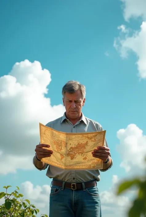 Creates a background of blue sky and a man looking at a map without understanding 