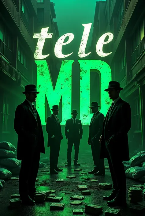 Create a written logo "tele MD , always with the best products, from Sunday to Sunday , green top 50,00 , Px top 50,00" with mobsters and drugs in the background
