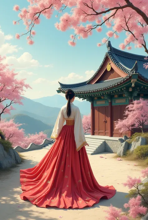 Korean peninsula elements need to have Korean style. Can the characters be bigger?？The background image is very good. It&#39;s better if the character has his back to us. Can the background be a Korean-style building?？