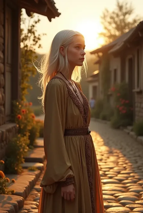 Teenage girl shoulder length white hair in medieval times 