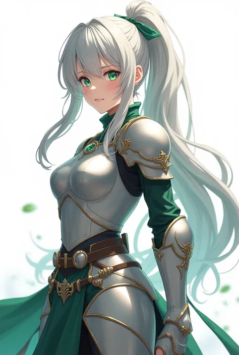 （8k，Highest quality，Anime Style）silver-haired female knight，Green emerald eyes，High Ponytail，Wearing armor，Delicate facial features，It resembles an anime character&#39;s design，The whole body is visible，Pure white background，Character Design，Secondary elem...