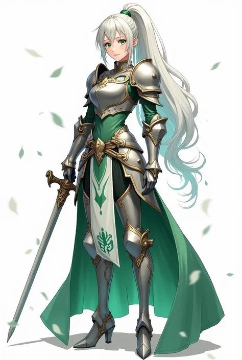 （8k，Highest quality，Anime Style）silver-haired female knight，Green emerald eyes，High Ponytail，Wearing armor，Delicate facial features，It resembles an anime character&#39;s design，The whole body is visible，Pure white background，Character Design，Secondary elem...