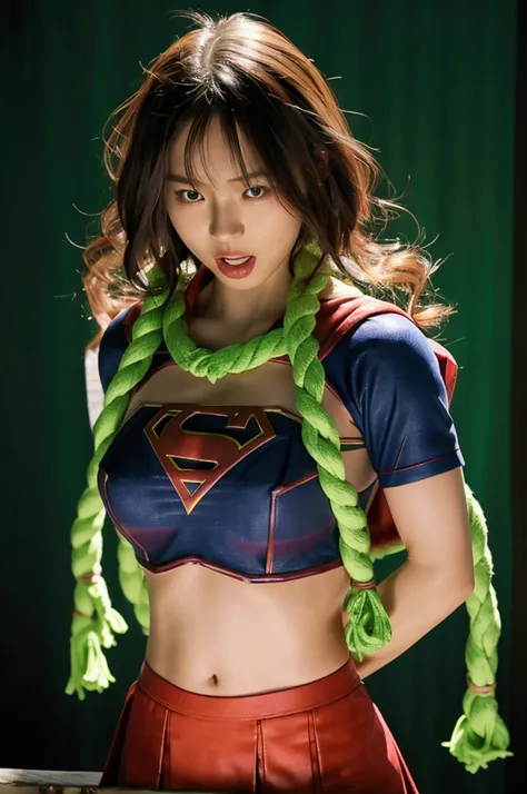 Japanese Supergirl has a glowing green rope wrapped around her stomach,The rope also wraps around Supergirl&#39;s legs.,Supergirl has a pained look on her face.,Supergirl is screaming.,Supergirl is weak