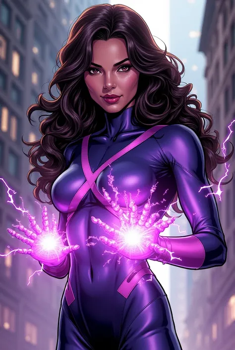 X-men comic panel superheroine with long dark brown curly hair parted in the middle, dark brown, slanted, almond-shaped eyes, purple power, Clear Skin, well-designed full lips house of the X men 