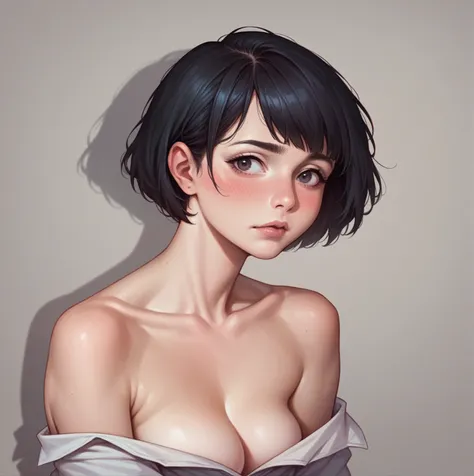 Highest detailed, realistic picture,
Female character, short black hair, blushin