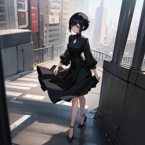 A young woman with black pixie cut hair wearing a black dress and heels walking through the city