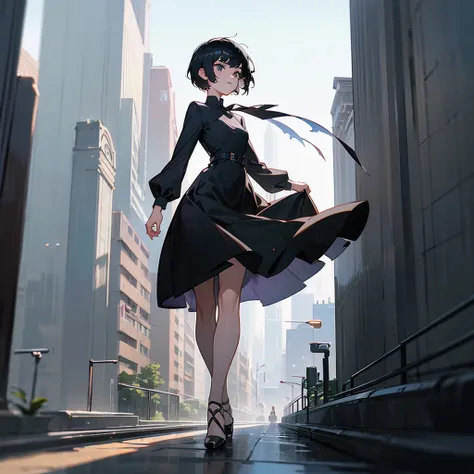 A young woman with black pixie cut hair wearing a black dress and heels walking through the city