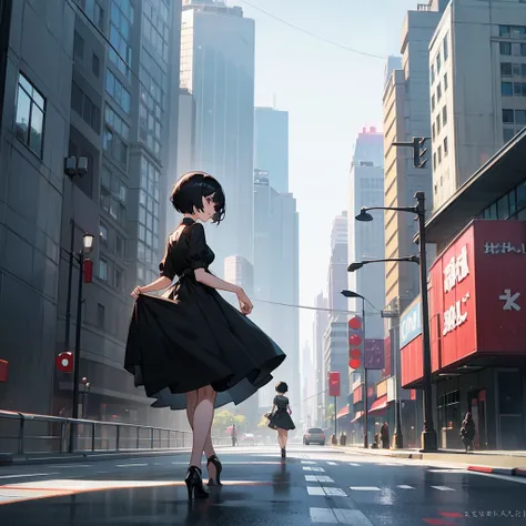 A young woman with black pixie cut hair wearing a black dress and heels walking through the city