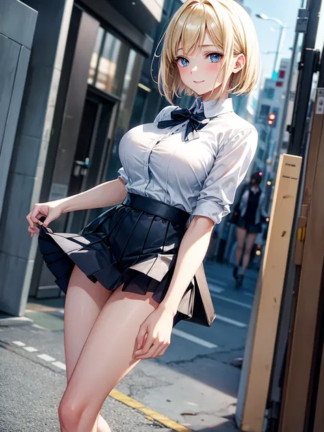 Anime style, super fine illustration, highly detailed, beautiful detailed, pale tone image, static representation, gentle expression, 8k, pretty 1girl with blonde straight short hair & blue eyes & a bright smile & full bust & soft fair skin is wearing big ...