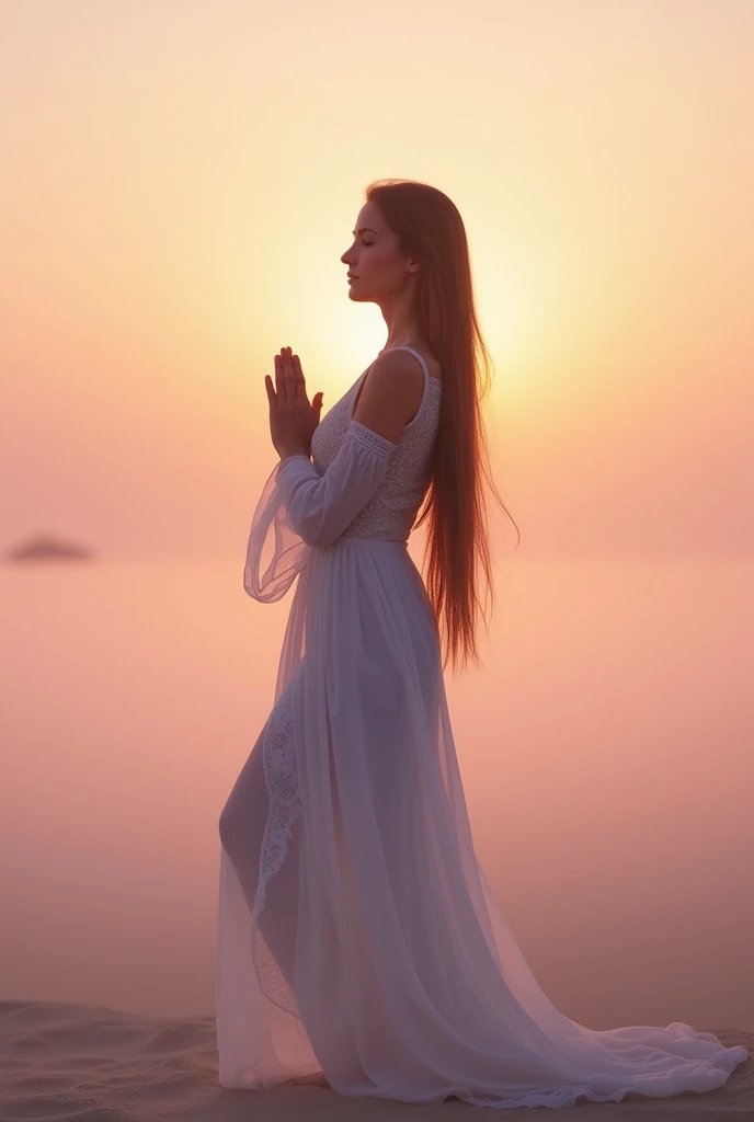 An aesthetic image with lady facing west side doing namaste with an aesthetic plain background