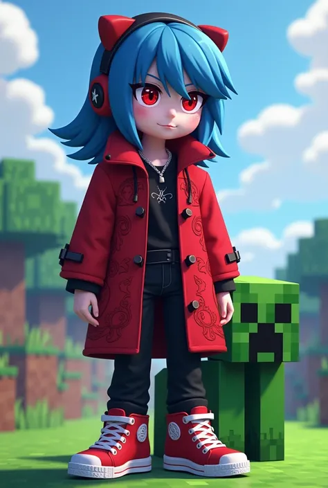 a character with red and blue eyes red coat with a creeper behind with a crown and a black and red headset a white skin tone blue hair black pants red and white sneakers. minecraft