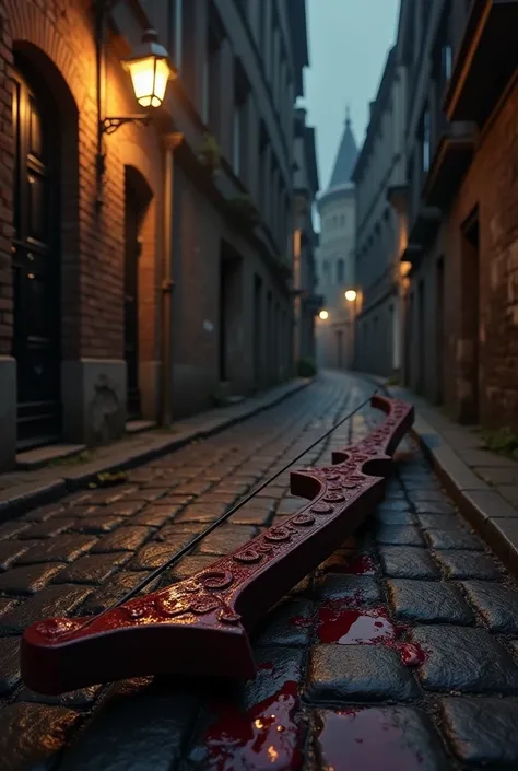 Cupid&#39;s bow covered in blood and lying on a street 