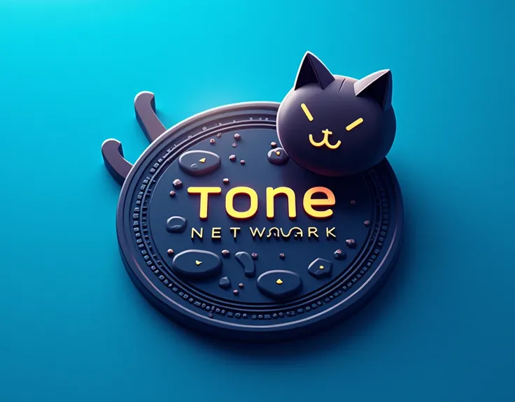 coin logo , tone network , dark brown cat , blue background , oggy inu  , cat inu