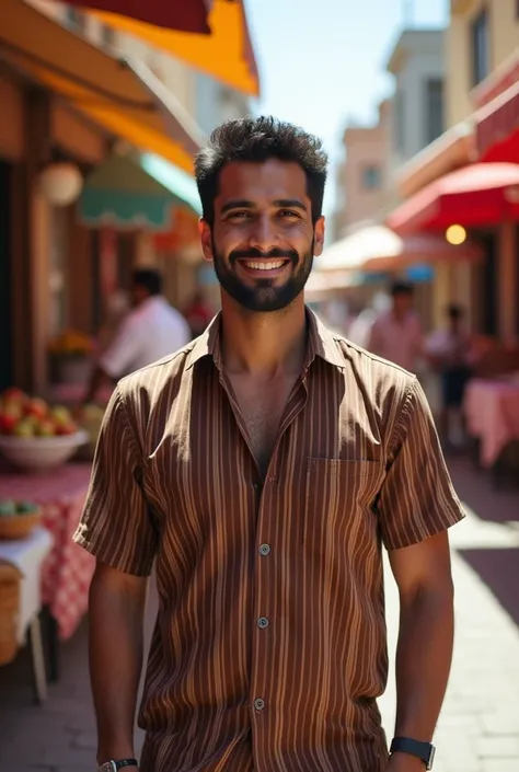 30 years old man looking like a stereotypical Arab having fine facial hair standing straight wearing a brown striped shirt she have black hair 