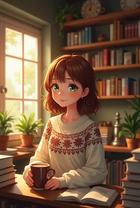 A picture of a calm and kind girl who is shy and works in a bookstore and likes to communicate with other people.