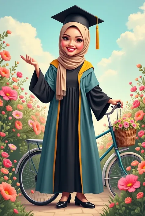 Realistic Karikatur, A women wearing hijab,  pastel brown color hijab, wearing black graduation hat, wearing pastel blue graduation hood with yellow color on the edge, wearing black graduation gown, Long graduation gown that covers the ankles, wearing blac...