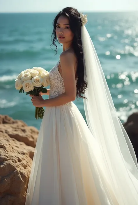 An attractive bride, Aryan face, with styled black hair and a simple and elegant lace princess dress, a long bridal veil and half crystal crown, a bouquet of white roses, good figure, attractive, soft pink face makeup, beautiful, on beautiful beaches on a ...