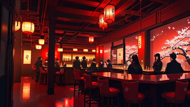 Coctail bar, dimly lit with red lighting, cyberpunk style, cherry blossom trees placed throughout the venue, traditional Japanese paintings on walls, Cyberpunk style