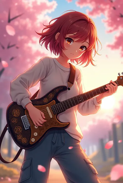 I created a character from the anime Kimetsu no Yaiba, with short, wavy hair,Loose pants, eyes browns, red hair pulled to brown, with a guitar in hand playing music 