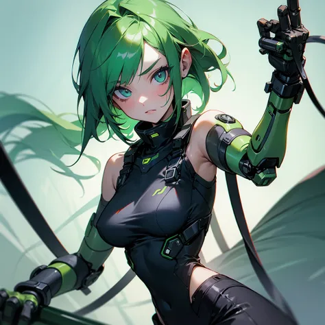 Young green-haired girl with a cybernetic prosthetic arm