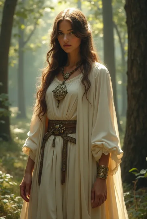 ((best qualityer)), ((work of art)), (detailded), a priestess of the Middle Ages, wearing light-colored clothing typical of the time wearing a necklace with an intricate medallion. 