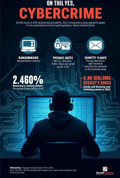 Make a photo showing different types of cybercrime and their prevalence. Also show the fbi report about the 2,400 ransomware attack in 2022. The anti-phising working group reported over 242 million phising emails blocked globally in 2022