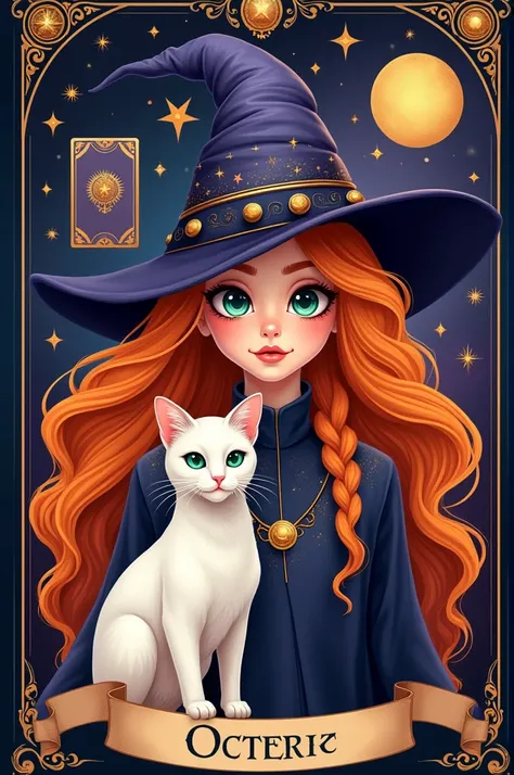 Tarot logo, orange haired witch with hat and a white cat