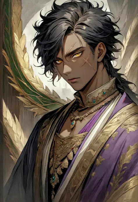 Male, Black hair with purple tips short messy, royal clothes, dark skin with a scar from the cheek to near the right eye, golden eyes.  wears a necklace that looks very much like a green dragons eye