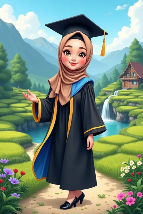 Realistic Karikatur, A women wearing hijab,  pastel brown color hijab, wearing black graduation hat, wearing blue color graduation hood with yellow color on the edge, wearing black graduation gown, Long graduation gown that covers the ankles, wearing black...