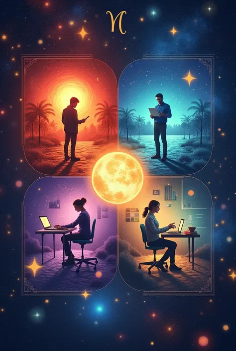 1. **Background:**
   - A subtle background that mixes astrological elements, like constellations or a starry sky, to give a mystical touch and related to the signs.

2. **Central Section:**
   - Divide the image into four quadrants or sectors, each one re...