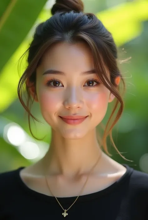 A realistic portrait of a young woman with light skin, straight, light brown hair tied back, and soft facial features. She has large, expressive brown eyes and a gentle smile. The background is blurred and natural, with green foliage, giving the impression...