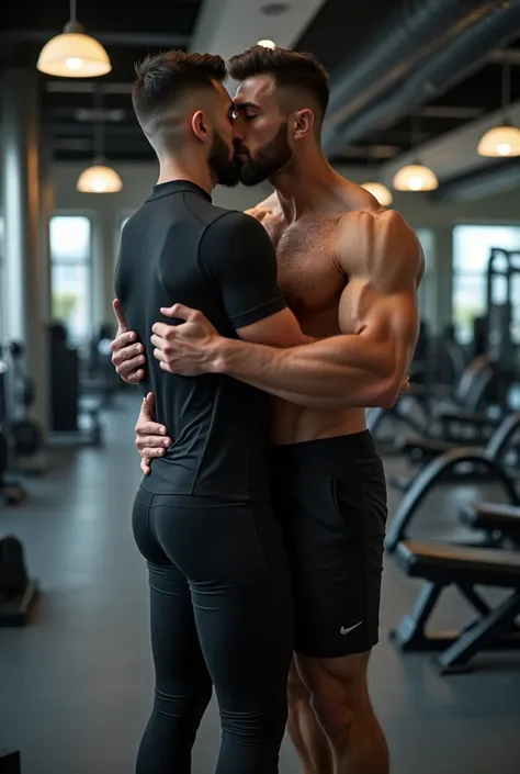 Top view of full complete body image of Handsome hot shredded and very muscular light bearded turkish  hunk stud wearing tight black compression gym suit and tight black jeans and black sports shoes with black socks  is cuddling and kissing a cute slim fai...