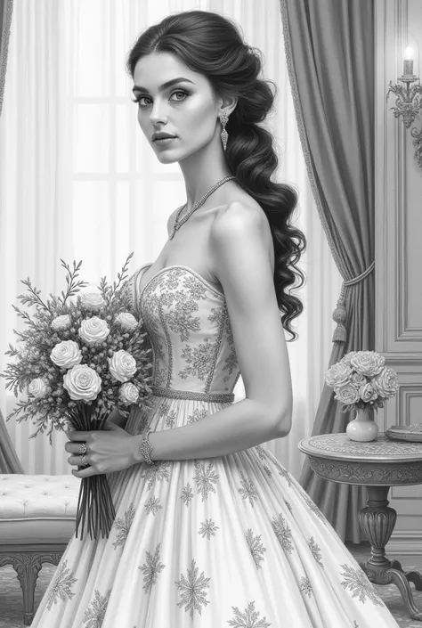 Hand draw in graphite a portrait of a slim, muscular 30-year-old princess in Victorian style, with an elegant hairstyle and a detailed strapless dress. She must be holding a bouquet of delicate flowers, with a serene and graceful expression. The image shou...