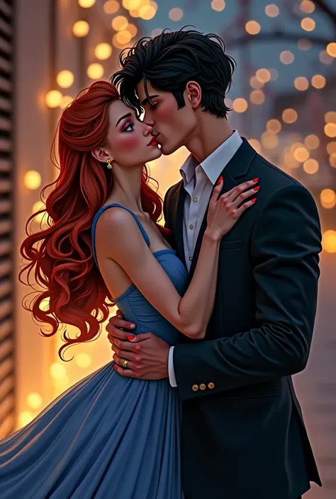 Caucasian female, blue eyes red hair wearing blue dress, kissing white man, black hair brown eyes, and small scar on his face wearing a suit