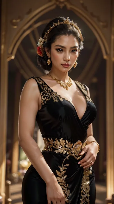 armpit, cleavage (best quality,4k,highres,masterpiece:1.2),ultra-detailed,realistic:1.37,beautiful and regal Javanese queen, dark and luxurious palace backdrop, long eyelashes,voluptuous and curvy figure,java wedding woman in black kebaya dress traditional...