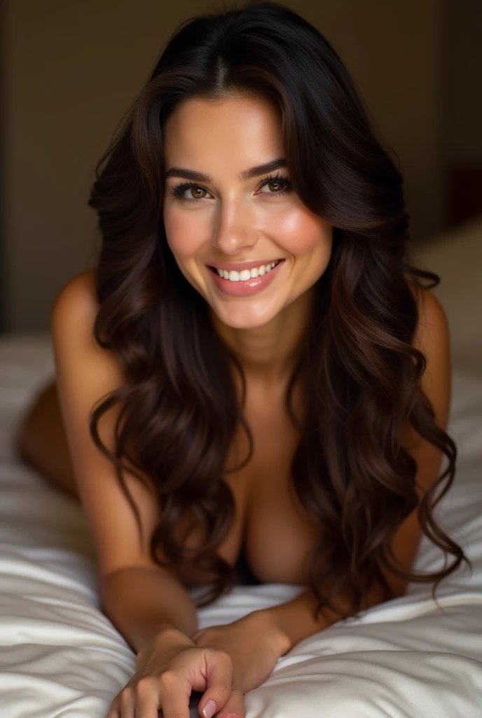 Make the woman more realistic, beautiful and busty of all lying up with her beautiful brunette hair , long and curly tied up, mouth open and completely naked