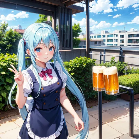 Light blue long hair、Beautiful girl with twin tails、Rooftop beer garden、waitress、Bright smile、Delicious food、